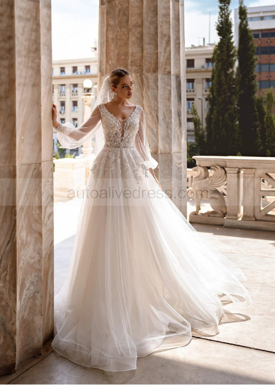 Long Sleeves Beaded Ivory Lace Tulle Sparkling Wedding Dress